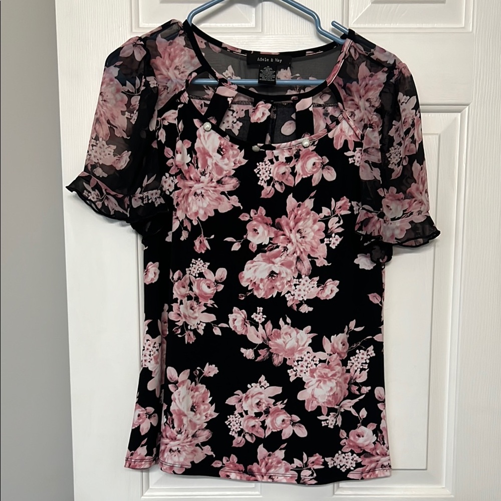 Black and Pink Flutter Sleeve Fitted Blouse